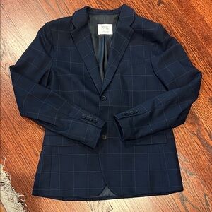 Boys Zara Suit Blazer Navy Blue Checkered Jacket Size 13-14